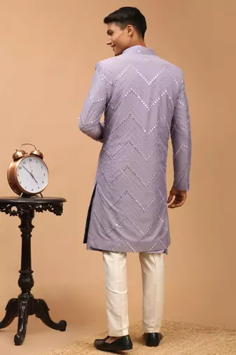 Purple And Cream Viscose Sherwani Set