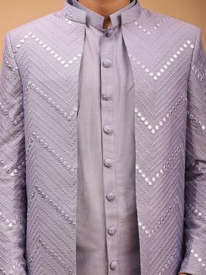 Purple And Cream Viscose Sherwani Set 4