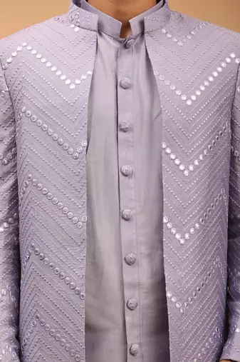 Purple And Cream Viscose Sherwani Set