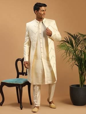 Cream Viscose Sherwani Set 1