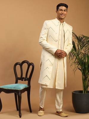 Cream Viscose Sherwani Set 2