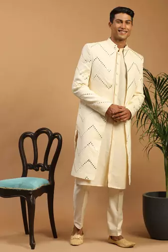 Cream Viscose Sherwani Set