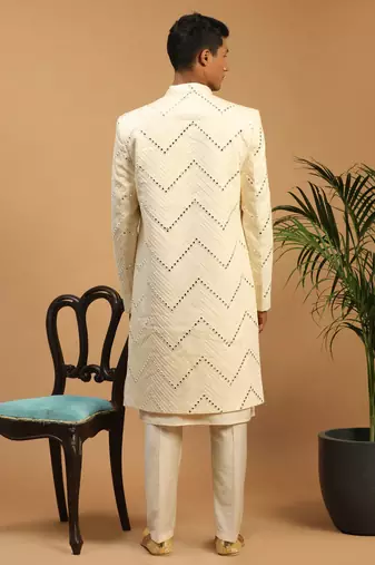 Cream Viscose Sherwani Set