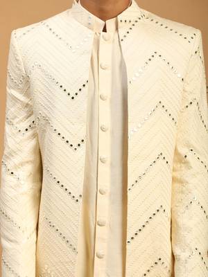 Cream Viscose Sherwani Set 4