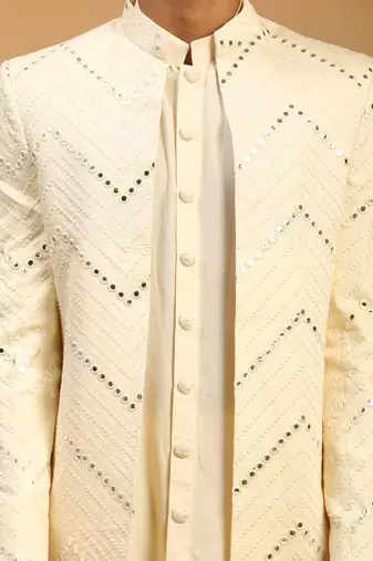 Cream Viscose Sherwani Set
