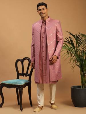Onion Pink And Cream Viscose Sherwani Set 1