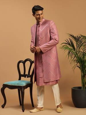 Onion Pink And Cream Viscose Sherwani Set 2