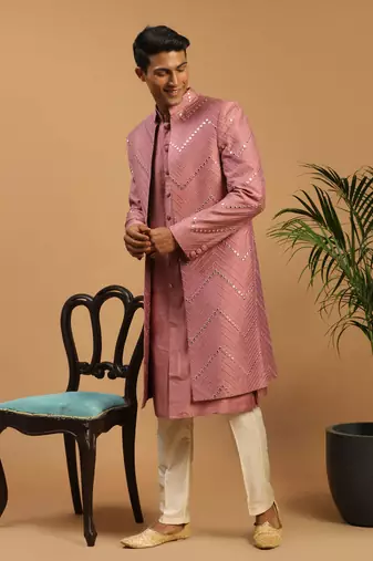 Onion Pink And Cream Viscose Sherwani Set