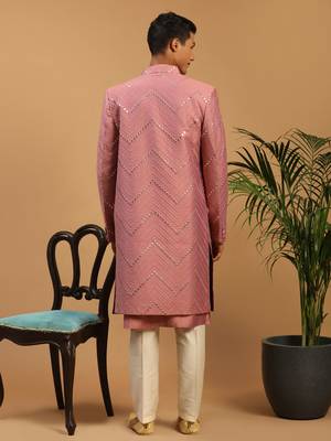 Onion Pink And Cream Viscose Sherwani Set 3