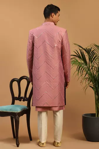 Onion Pink And Cream Viscose Sherwani Set