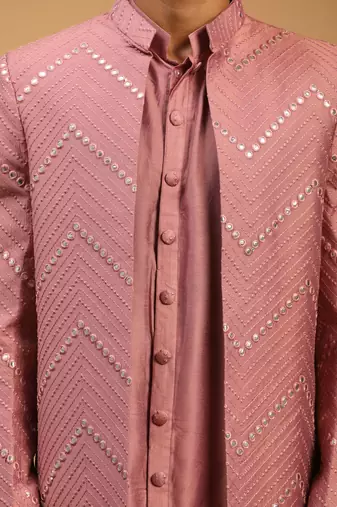 Onion Pink And Cream Viscose Sherwani Set
