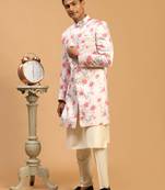 Men'S Multicolor Base Pink Silk Blend Sherwani Set