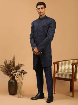Navy Blue Silk Blend Sherwani Set 1