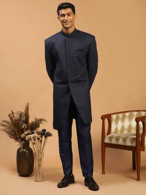 Navy Blue Silk Blend Sherwani Set 2