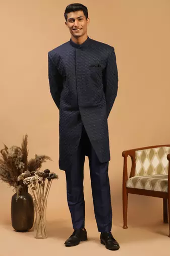 Navy Blue Silk Blend Sherwani Set