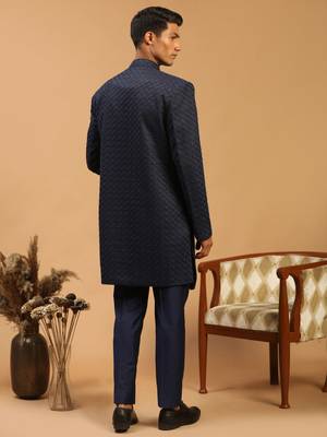 Navy Blue Silk Blend Sherwani Set 3