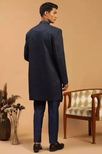 Navy Blue Silk Blend Sherwani Set