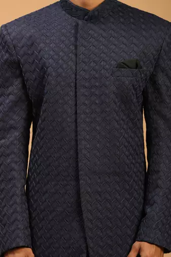 Navy Blue Silk Blend Sherwani Set