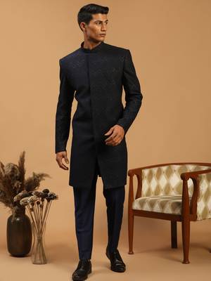 Navy Blue Silk Blend Embroidered Sherwani Set For Mens 1