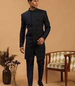 Navy Blue Silk Blend Embroidered Sherwani Set For Mens