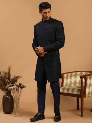 Navy Blue Silk Blend Embroidered Sherwani Set For Mens 2