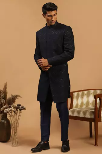 Navy Blue Silk Blend Embroidered Sherwani Set For Mens