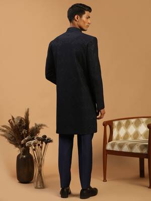 Navy Blue Silk Blend Embroidered Sherwani Set For Mens 3