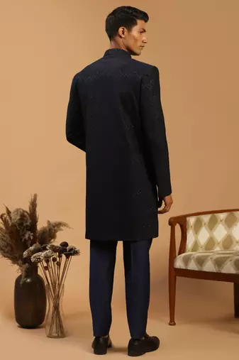 Navy Blue Silk Blend Embroidered Sherwani Set For Mens