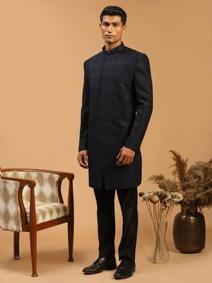 Navy Blue And Black Silk Blend Sherwani Set 1
