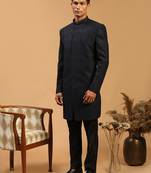 Men'S Navy Blue And Black Silk Blend Sherwani Set