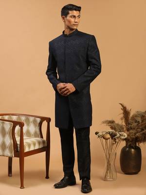 Navy Blue And Black Silk Blend Sherwani Set 2