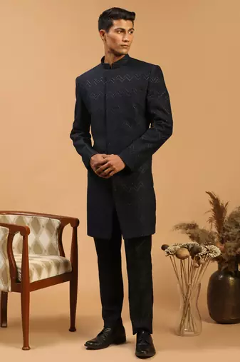 Navy Blue And Black Silk Blend Sherwani Set