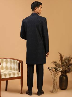 Navy Blue And Black Silk Blend Sherwani Set 3