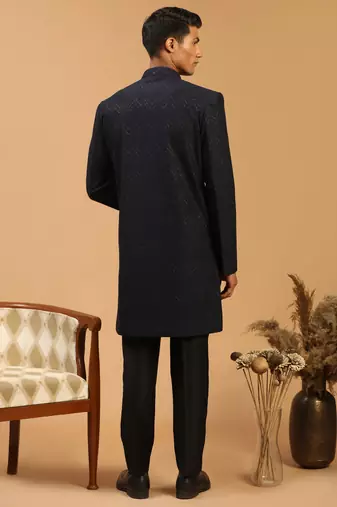 Navy Blue And Black Silk Blend Sherwani Set
