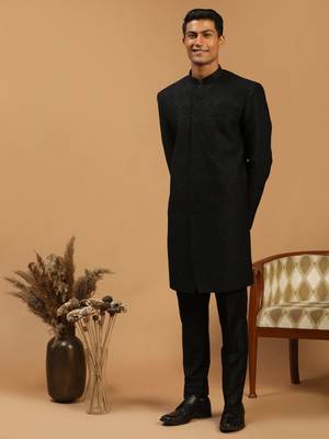 Black Silk Blend Sherwani Set 1