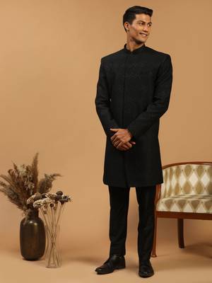 Black Silk Blend Sherwani Set 2