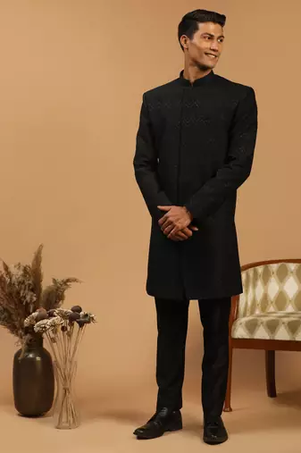 Black Silk Blend Sherwani Set
