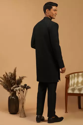 Black Silk Blend Sherwani Set