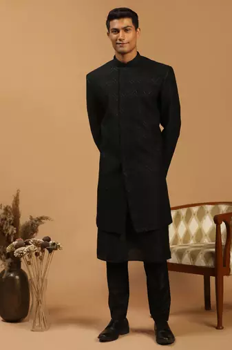 Black Viscose Sherwani Set