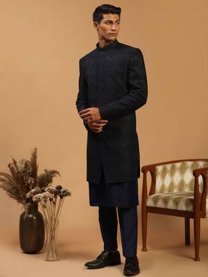 Navy Blue Viscose Sherwani Set 2
