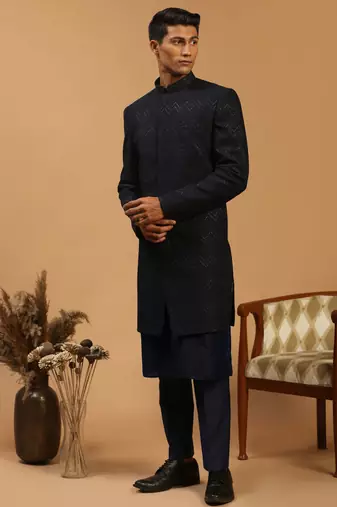 Navy Blue Viscose Sherwani Set