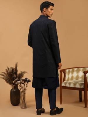 Navy Blue Viscose Sherwani Set 3