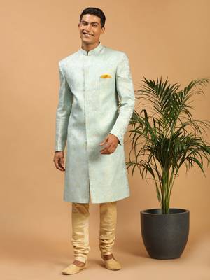 mens sky blue brocade sherwani set 1