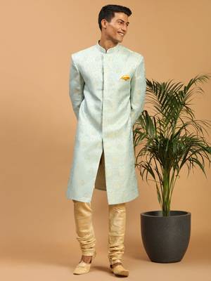 mens sky blue brocade sherwani set 2