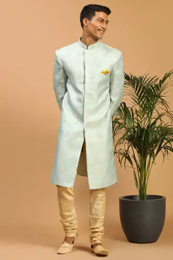 mens sky blue brocade sherwani set