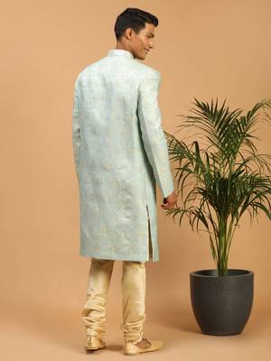 mens sky blue brocade sherwani set 3