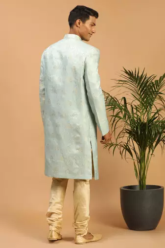 mens sky blue brocade sherwani set