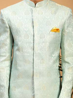 mens sky blue brocade sherwani set 4
