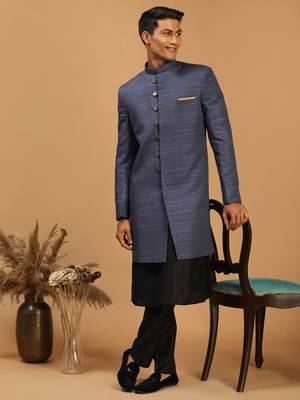 Black And Navy Blue Viscose Sherwani Set 1