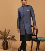Black And Navy Blue Viscose Sherwani Set
